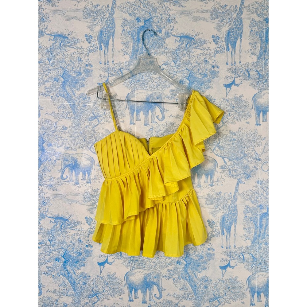 Lemon Yellow One Shoulder Ruffle Peplum Top Pleated Garden Party US 6